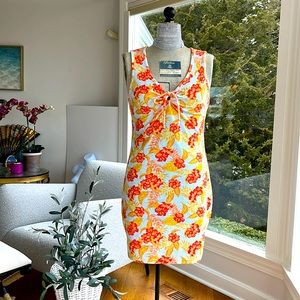 SO Terry Floral beach dress. Sleeveless mini bow tie v neck M lt. blue /orange